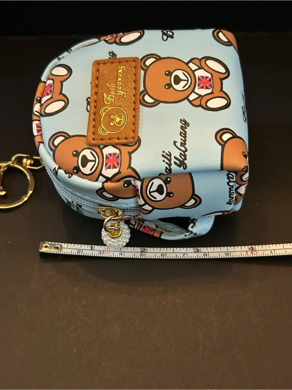 Blue Teddy Bear Mini Backpack Bag Charm Keychain w/Pearl Charm and Zipper Close